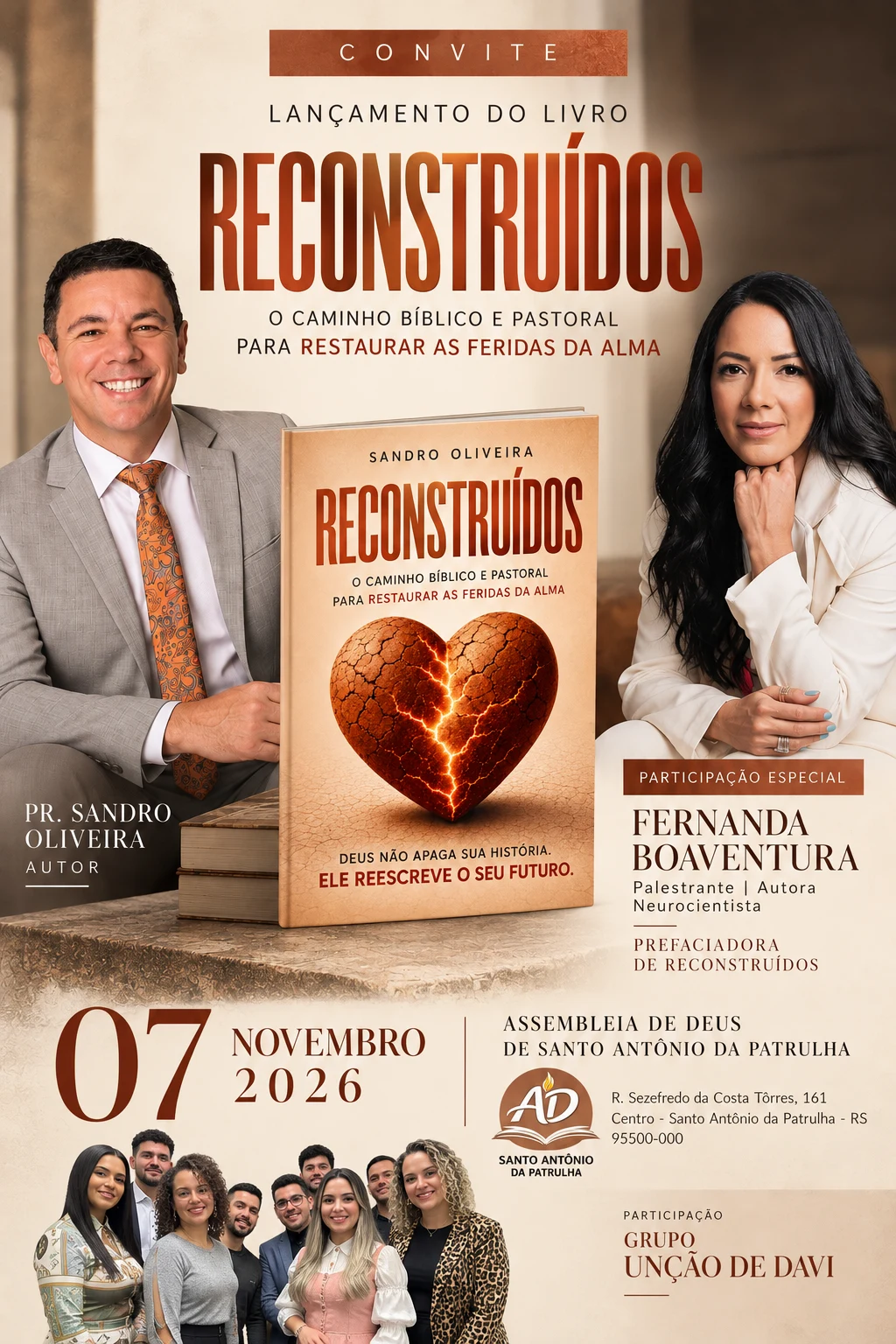 Convite do lançamento de Reconstruídos, no dia 07 de novembro de 2026