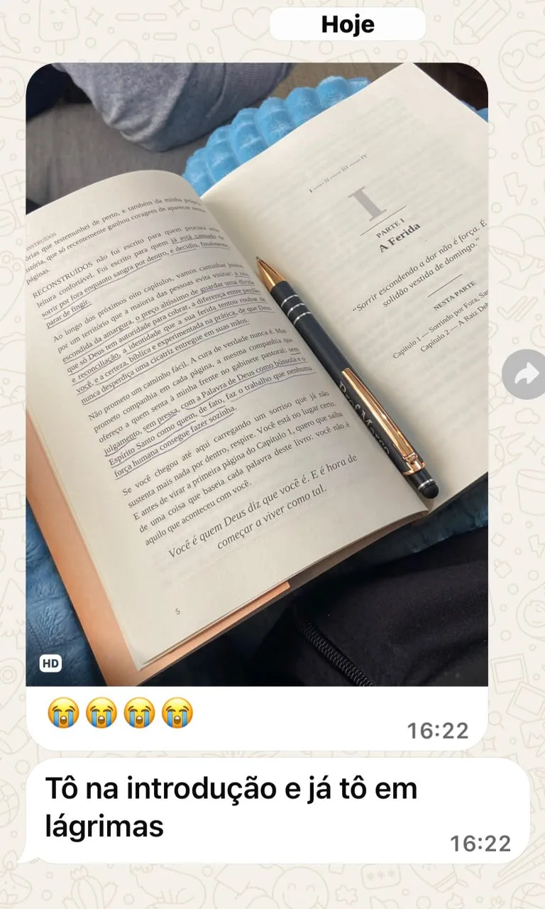 Print de uma leitora reagindo ao início do livro Reconstruídos