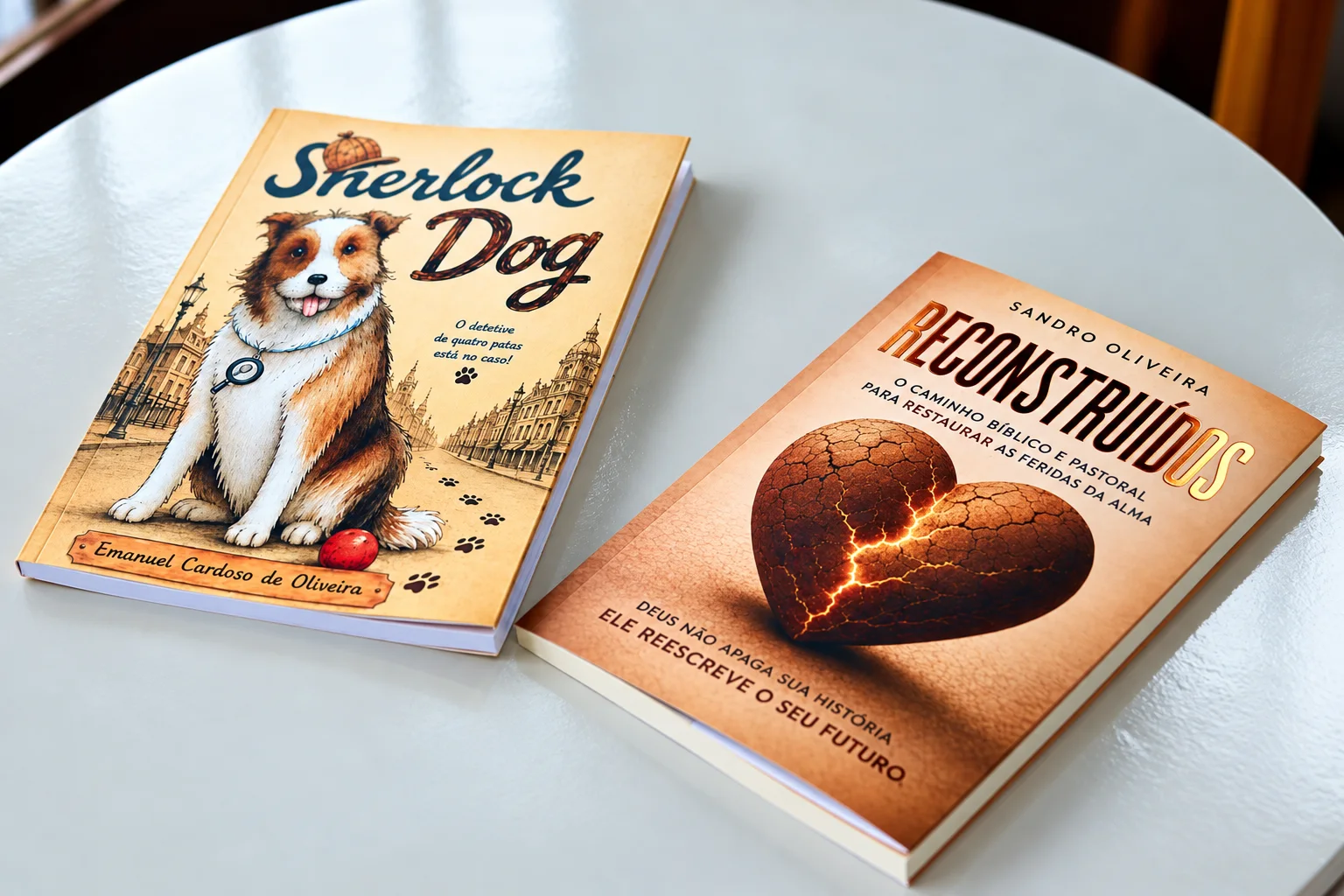Reconstruídos e Sherlock Dog, os dois livros da família Oliveira, lado a lado