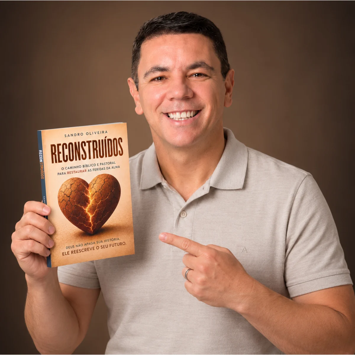 Sandro Roberto Soares de Oliveira, autor do livro Reconstruídos, segurando o exemplar