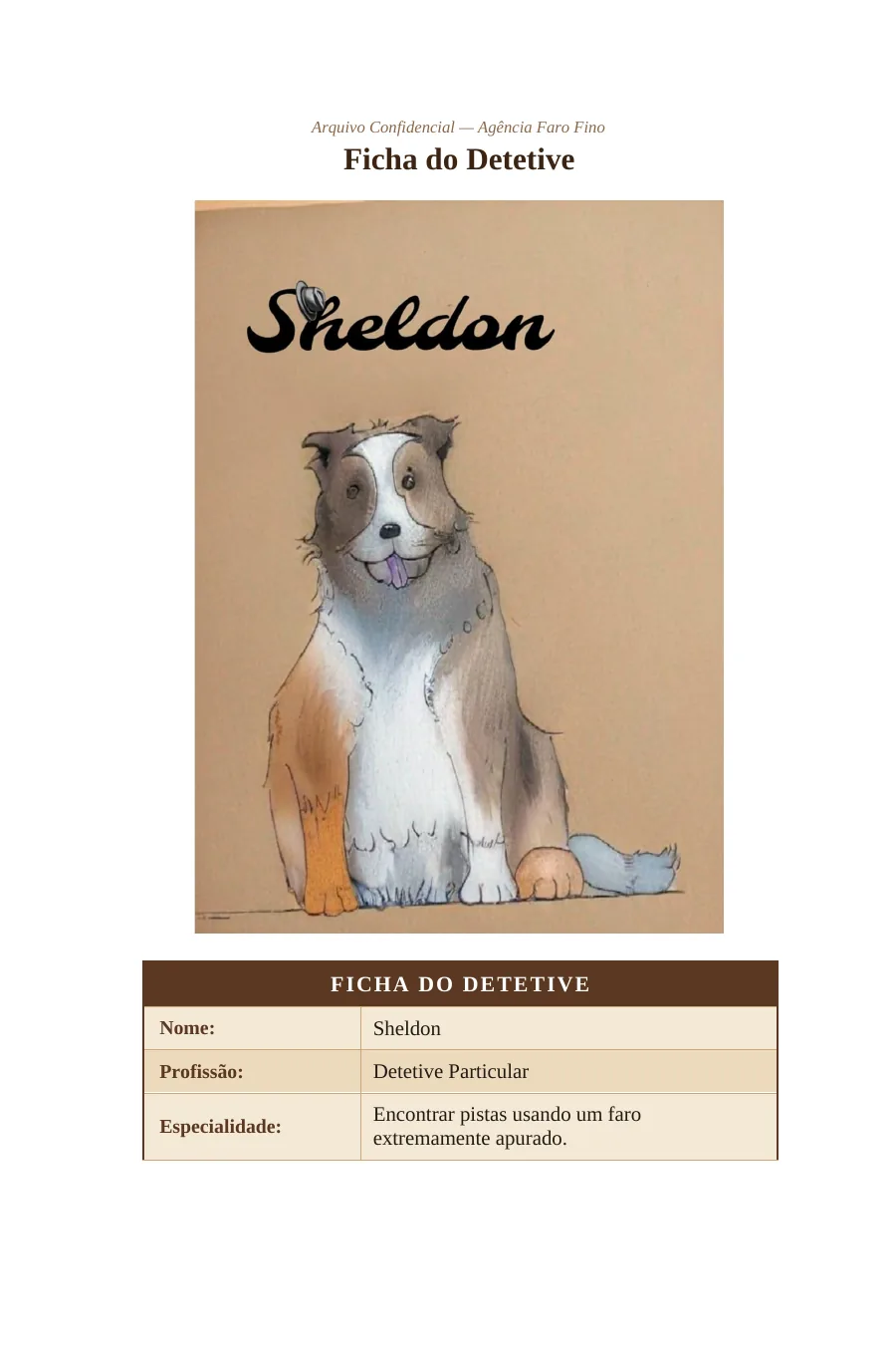 Ficha do Detetive, página ilustrada do livro Sherlock Dog